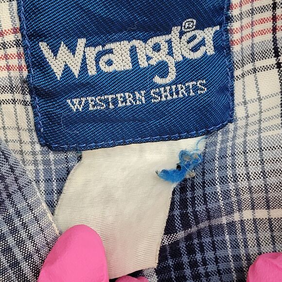 Vintage 70s Wrangler Western Shadow Plaid Shirt Large 21x29 Blue - Picture 7 of 13